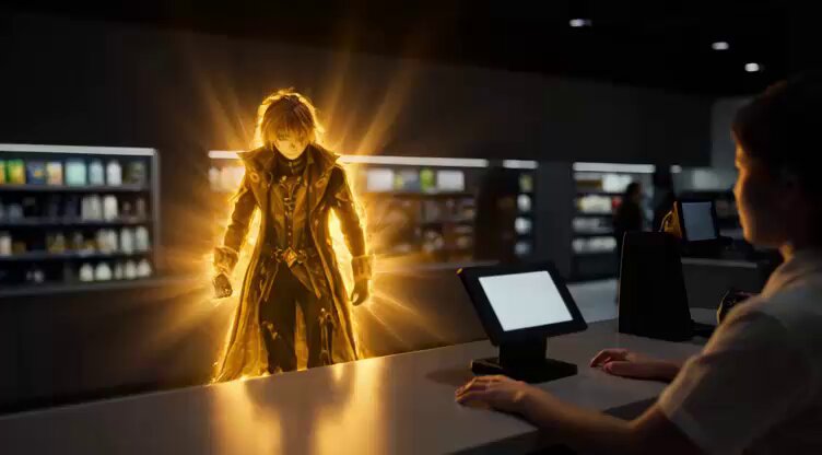 The image features a man standing at a counter with a computer monitor behind him, while another person sits nearby. The scene takes place in a store or a similar setting where people are shopping for items like groceries. There's also an element of fantasy present as a character from a video game is shown to be floating above the two individuals.