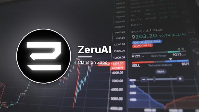 A dark-themed digital graphic features a circular logo and the text 'ZeruAI' and 'Clans on ZapScan' over a background displaying Bitcoin price charts and trading data.