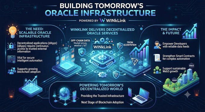 An infographic titled 'BUILDING TOMORROW'S ORACLE INFRASTRUCTURE POWERED BY WINKLINK' showing decentralized oracle services including off-chain data, IoT, and TRON ecosystem features.