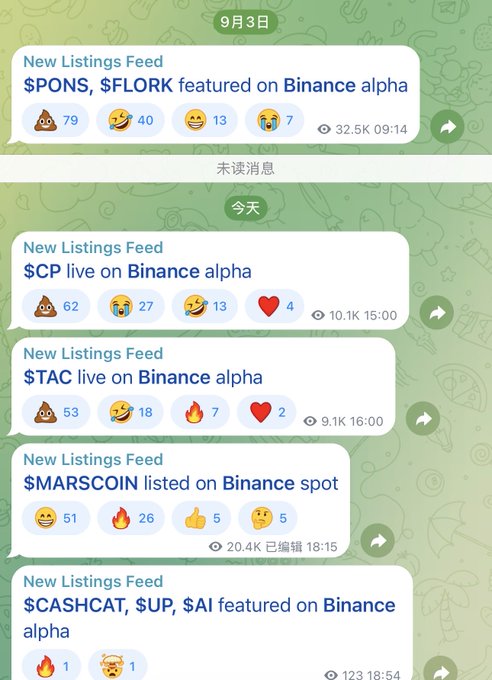 A Telegram channel's "New Listings Feed" displays a rapid stream of Binance announcements: $PONS and $FLORK featured on Binance Alpha (Sept 3), followed by today's listings of $CP and $TAC on Binance Alpha, and $MARSCOIN listed on Binance Spot, plus a $CASHCAT, $UP, $AI Alpha feature. The barrage of back-to-back new ticker announcements and emoji-heavy engagement (poop, laugh-cry, fire, heart) humorously reinforces the caption's jab at Binance flooding the market with nonstop listings to outpace competitors.
