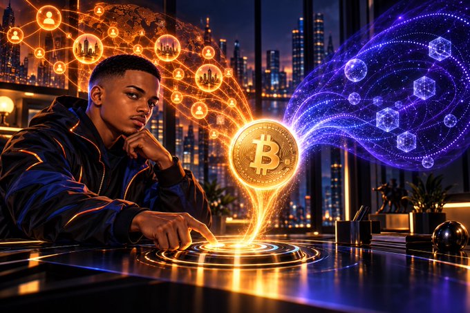 A digital illustration of a young man in a dark jacket looking at a floating golden Bitcoin coin, with networks of orange people icons on the left and purple blockchain cubes on the right against a city skyline.