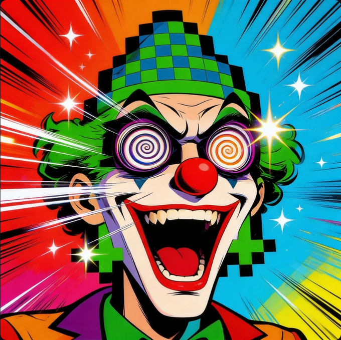 A vibrant, pop-art style illustration of a manic clown with a green checkered hat, a red nose, swirling hypnotic glasses, and a wide, toothy grin against a colorful starburst background.