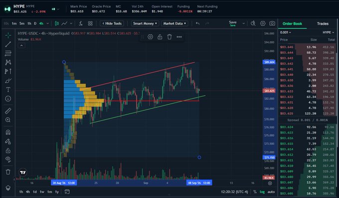 A cryptocurrency trading chart for 'HYPE·USDC' showing candlestick patterns within an ascending wedge, alongside order book data on a dark-themed exchange interface.