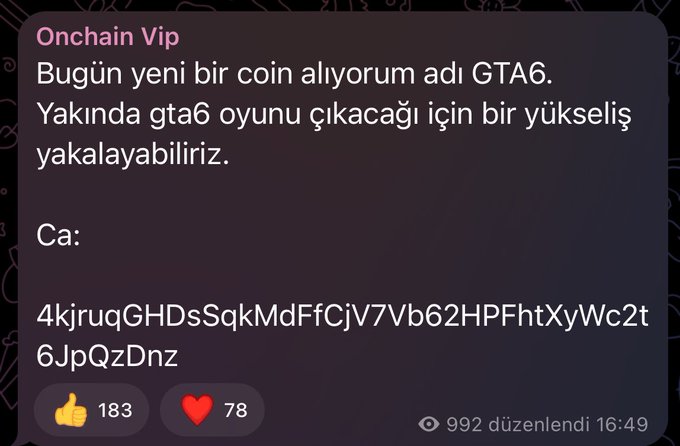A social media post from "Onchain Vip" announces buying a new coin named "GTA6," expecting a price surge from the upcoming GTA6 game release, and provides the Solana contract address "4kjruqGHDsSqkMdFfCjV7Vb62HPFhtXyWc2t6JpQzDnz," which the accompanying context confirms has yielded over 400% profit.