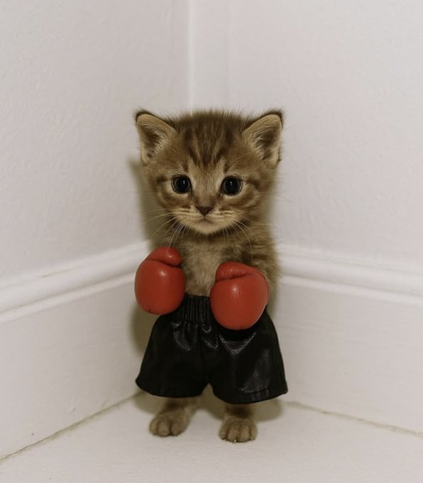 An adorable tabby kitten stands in a corner wearing tiny red boxing gloves and black boxing shorts.