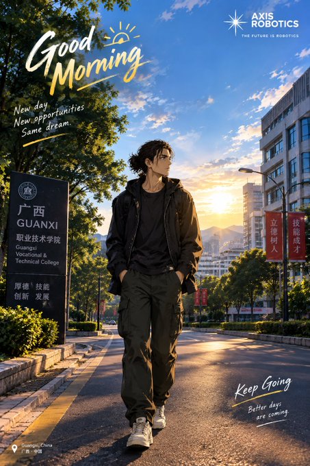 An illustrated poster featuring a young man walking on a campus street at sunset with 'Good Morning', 'New day New opportunities Same dream' text, a '广西 GUANXI 职业技术学院' sign, and AXIS ROBOTICS logo.