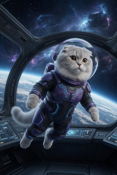 A fluffy gray cat wearing a purple and black astronaut suit and a clear bubble helmet floats in zero gravity inside a spacecraft, with a view of Earth and a starry galaxy through the windows behind it.