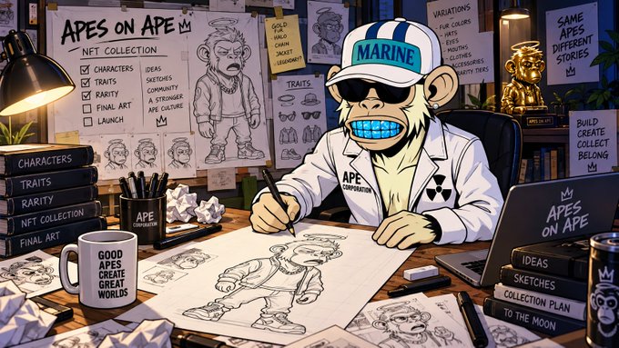 Illustrated scene of a cartoon ape wearing a 'MARINE' cap and lab coat sketching Bored Ape-style NFTs at a desk cluttered with character designs, labeled 'APES ON APE'.