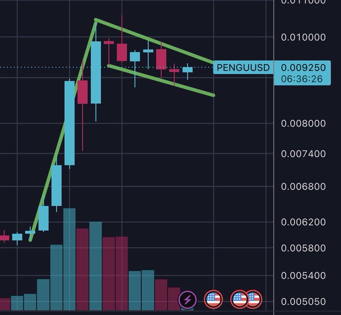 A cryptocurrency trading chart for PENGU/USD showing a price of 0.009250, featuring blue and pink candlesticks, volume bars, and a green trendline forming a falling wedge pattern.