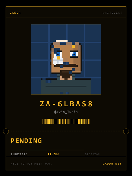 A 'ZADOR' whitelist application card showing a pixel-art portrait with the code 'ZA-6LBAS8' and username '@Avin_lucia', with the status marked 'PENDING' and 'NICE TO NOT MEET YOU.'