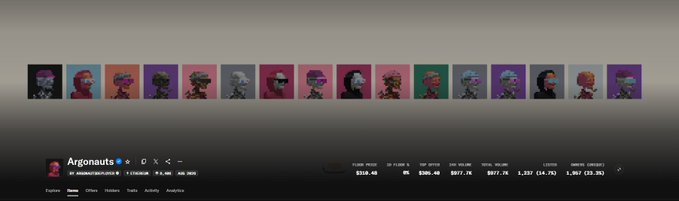 A profile page displays the username 'Argonauts' along with a row of pixel-art character avatars and market statistics like 1D VOL $316.48.