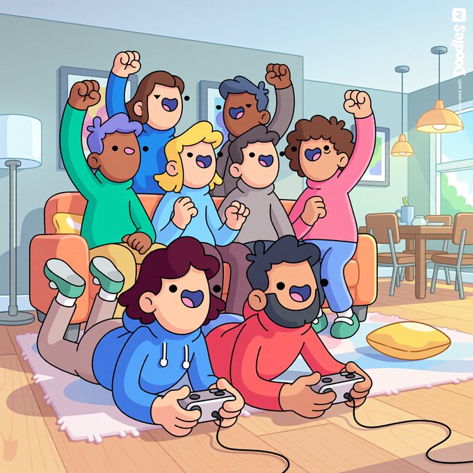 The image features a group of people gathered together in a living room, playing video games with Nintendo Wii controllers. There are at least eight people visible in the scene, all engaged in the gaming session. The atmosphere appears to be lively and fun as they enjoy their time together.