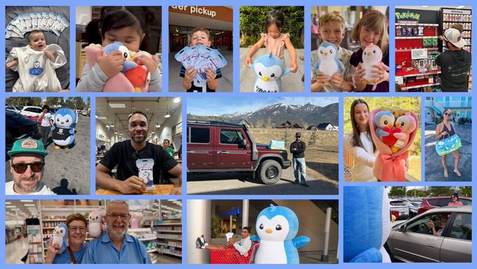 A collage of various photos featuring people holding or posing with blue penguin plush toys in different locations, including stores and outdoors.