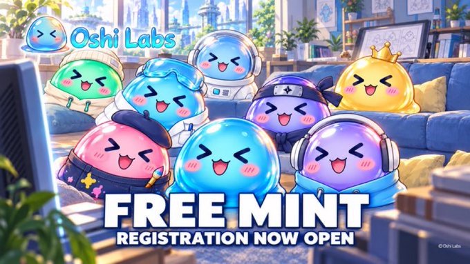 A promotional graphic for 'Oshi Labs' features cartoonish, colorful blob characters with anime-style features and the bold text 'FREE MINT REGISTRATION NOW OPEN' at the bottom.