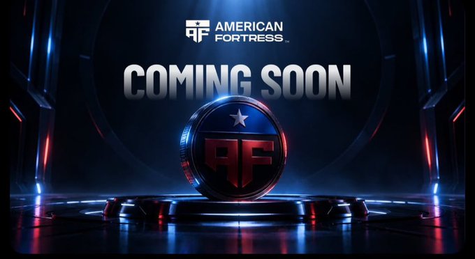 The image is a dramatic promotional teaser for "American Fortress" featuring a metallic "AF" shield emblem with a star, displayed on a futuristic stage with bold "COMING SOON" text. It visually reinforces the post's message about American Fortress building a better, privacy-focused solution for businesses and individuals, using the bold "COMING SOON" branding to build anticipation for their launch.