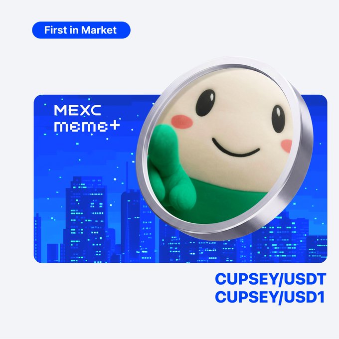 A promotional graphic from MEXC's Meme+ platform announcing the "First in Market" listing of CUPSEY/USDT and CUPSEY/USD1 trading pairs, featuring a cute cartoon character mascot (a smiling white figure with rosy cheeks holding a green item) displayed on a coin against a blue cityscape background, supporting the announcement of $CUPSEY being available for zero-fee trading.