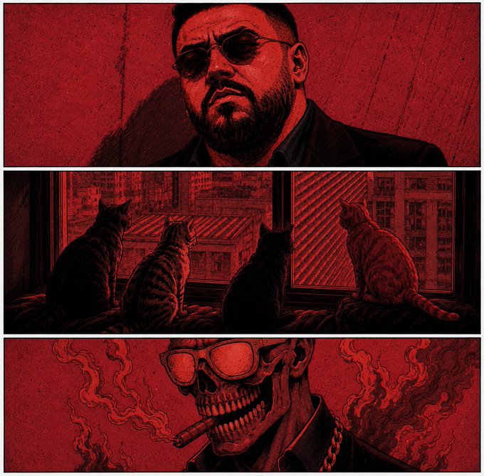 A stylized comic-book illustration in red tones featuring three panels: a bearded man with sunglasses, four cats looking out a city window, and a grinning skull wearing sunglasses and smoking a cigar.