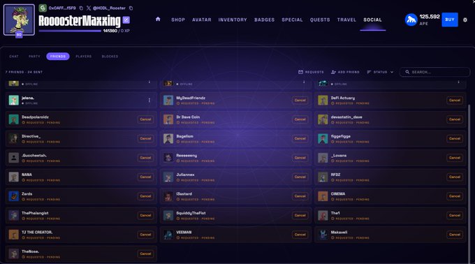 A screenshot of a blockchain explorer page for "RoooosterMaxxing" showing a list of accounts, their NFT holdings, and pending requests on what appears to be a decentralized social platform.