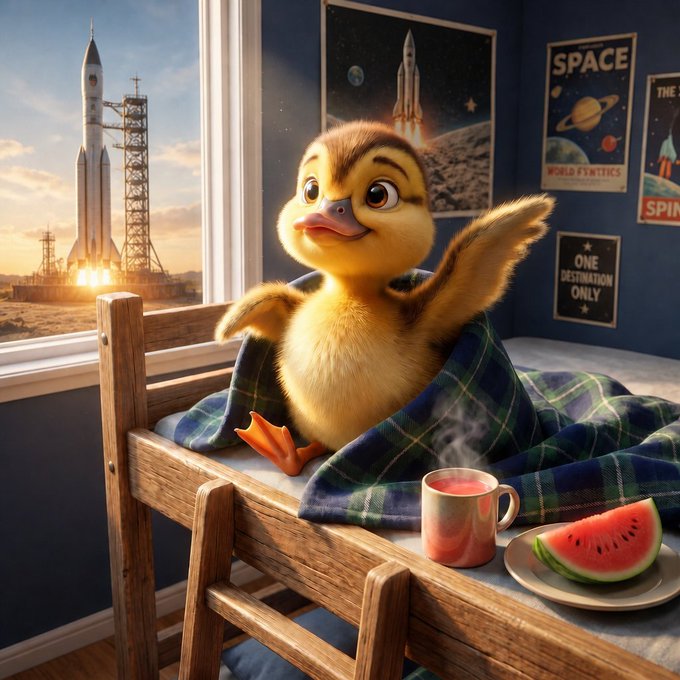 An animated duckling wrapped in a blue plaid blanket sits on a wooden bed next to a steaming mug and a slice of watermelon, with posters on the wall reading "SPACE WORLD FLYKETICS" and "ONE DESTINATION ONLY."