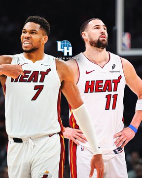 Two Miami Heat players, wearing jerseys numbered 7 and 11, stand side by side in their white home uniforms, with a "LAL Nation Hoops" logo visible in the background. The image appears to represent part of the team's projected lineup mentioned in the caption, which highlights the Heat's surge to 71% odds of making the playoffs on Polymarket and notes they're "one major piece away" from being a contender.