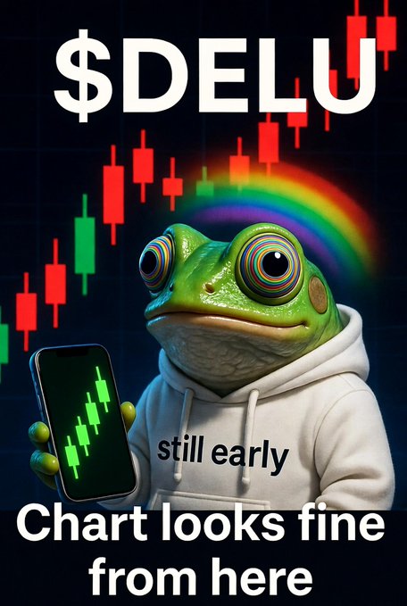 A promotional meme-style image for '$DELU' token features a colorful-eyed frog wearing a hoodie holding a phone displaying a green candlestick chart, with text reading 'still early - Chart looks fine from here.'