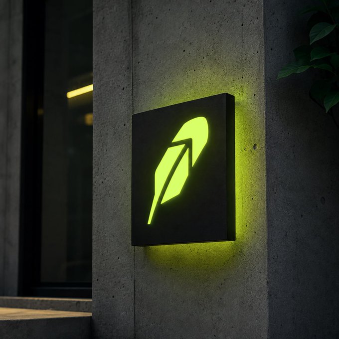 A glowing neon sign displaying a green feather or leaf logo mounted on a concrete pillar at night, casting a yellow-green halo onto the wall.