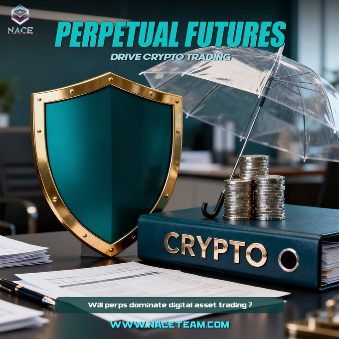 A promotional graphic featuring a teal and gold shield beside stacked coins under a clear umbrella, resting on a "CRYPTO" binder, with the headline "PERPETUAL FUTURES DRIVE CRYPTO TRADING," the NACE logo, and the tagline "Will perps dominate digital asset trading?" alongside the website "naceteam.com."