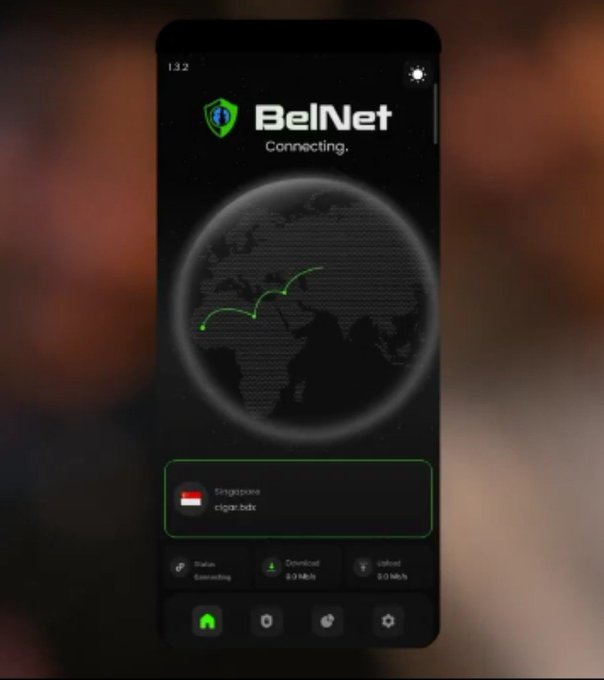 A smartphone screen displays the BelNet VPN app "Connecting" to a Singapore server (cigar-bdx), showing status as "Connecting," download at 0.0 kb/s, and upload at 0.0 kb/s, illustrating the Beldex Coin (GN) platform's VPN service that the post highlights for its split tunneling feature allowing users to control which apps route through the VPN.