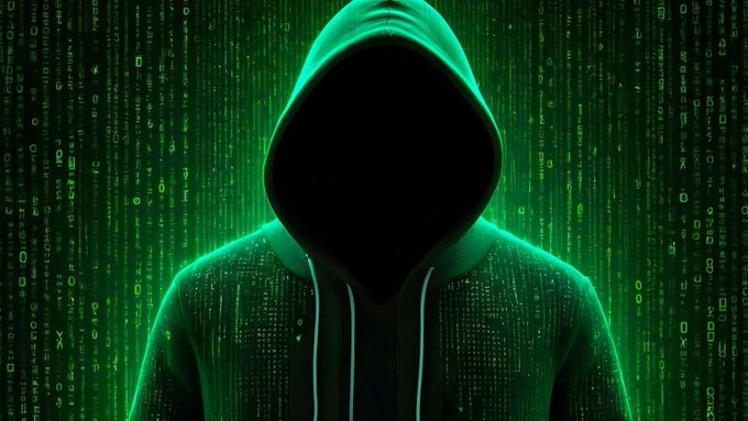 A hooded, faceless figure is silhouetted against a green digital Matrix-style backdrop of cascading code, symbolizing the anonymous and tech-driven nature of AI-powered crypto threats. The eerie hacker imagery visually reinforces the post's warning about increasingly sophisticated scams targeting blockchain users.