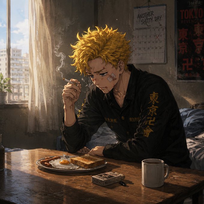 In this image, there's a man sitting at a table with breakfast food such as toast and eggs. He has a cigarette in his hand while eating. The background features a window overlooking an urban cityscape. There are also two cups on the table - one near the man and another further away from him.