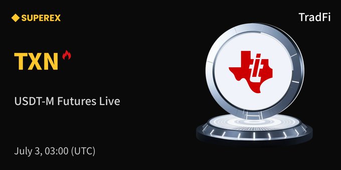 A promotional graphic for SuperEx announcing that TXN (Texas Instruments) USDT-M Futures Live trading is now available, with a date stamp of July 3 at 03:00 UTC. The design features a stylized Texas state token alongside the SuperEx logo and "TradFi" label, visually reinforcing the post's announcement about Texas Instruments' new futures listing.