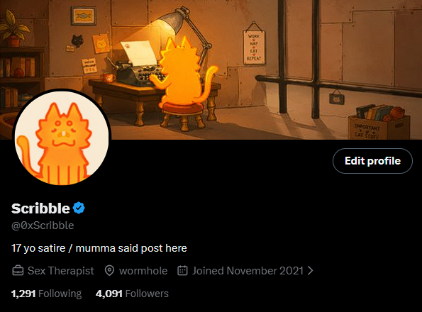 A Twitter/X profile for "Scribble @0xScribble" with the description "17 yo satire / mumma said post here," showing a cartoon cat typing at a desk.