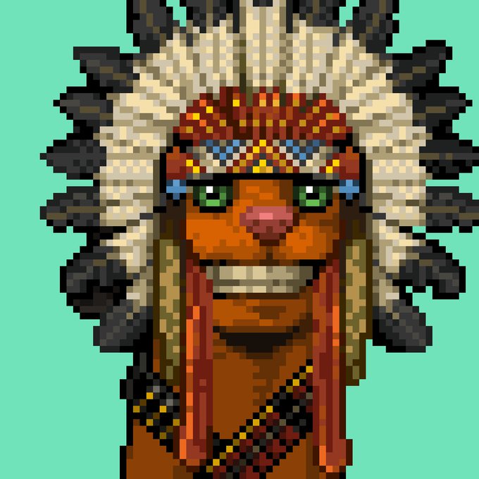 A pixel-art portrait of a Native American figure wearing an elaborate feathered war bonnet, red beaded headband, and beaded necklace against a mint green background, representing one of only 10 war bonnet variants in the nearly 7,000-piece MongsNFT collection that has been "teleburned" onto Bitcoin.