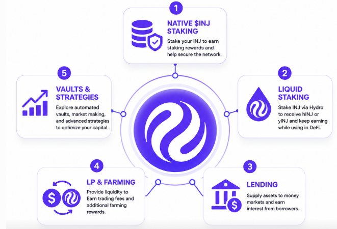 An infographic from Injective showing five ways to earn: Native INJ Staking, Liquid Staking via Hydro, Lending, LP & Farming, and Vaults & Strategies.