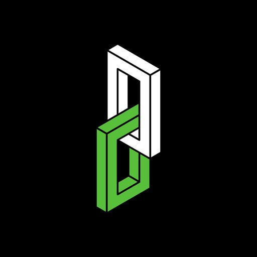 An impossible geometric logo featuring two interlocked rectangular prisms, one white and one green, set against a black background.