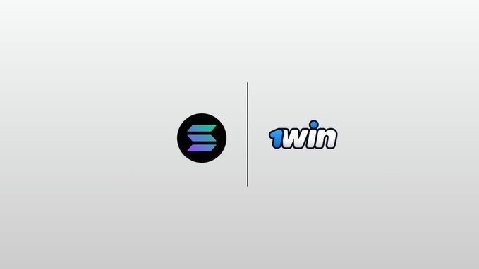 Logo design featuring the Solana symbol next to the blue text '1win' on a white background.