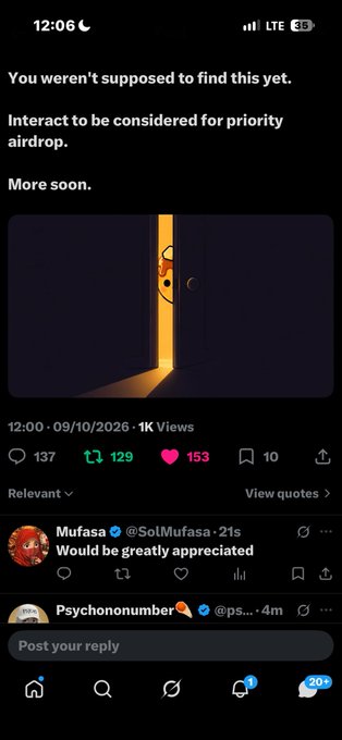 A mobile screenshot of a social media post reading 'You weren't supposed to find this yet. Interact to be considered for priority airdrop. More soon,' featuring the same egg-in-door illustration.