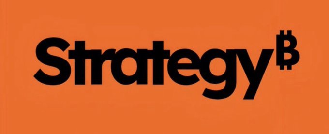 Bold black text on a bright orange background reads "Strategy," with the "B" of the word cleverly replaced by a Bitcoin symbol, referencing MicroStrategy (MSTR) and its well-known Bitcoin holdings highlighted in the post.