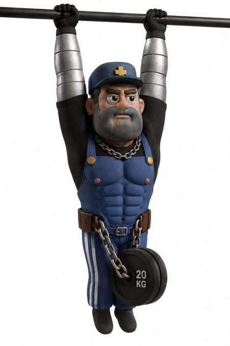 A 3D rendered cartoon character of a muscular bearded man hangs from a pull-up bar, wearing a blue outfit, cap, and a weighted belt labeled '20 KG'.