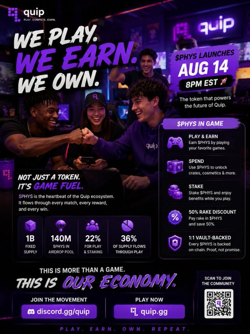 A promotional poster for the Quip platform's $PHYS token launch on August 14 at 8PM EST, featuring people playing games and statistics including 1B fixed supply, 140M airdrop pool, and 22% for play & staking.
