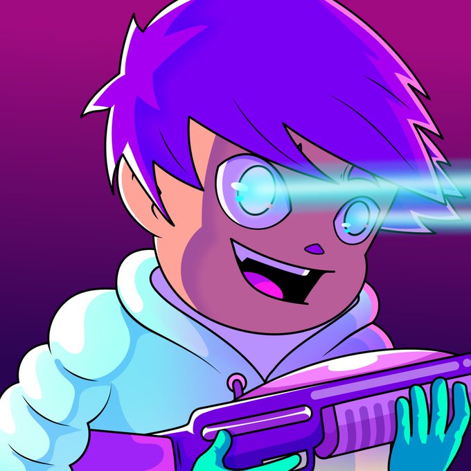 An animated cartoon character with purple hair and glowing cyan eyes, wearing a hoodie and gloves, smiles widely while holding a purple rifle against a magenta background.