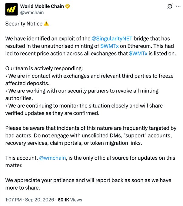 A tweet from World Mobile Chain (@wmchain) dated September 20, 2026, announces a security notice about an exploit of the SingularityNET bridge that resulted in unauthorized minting of $WMTx tokens on Ethereum, prompting them to contact exchanges and revoke minting authorities. The accompanying context reveals the same attacker exploited the bridge to also illicitly mint $AGIX, with their total holdings reaching approximately $16.77M (~$2.2M already cashed out), indicating a broader ecosystem-wide operational key compromise.