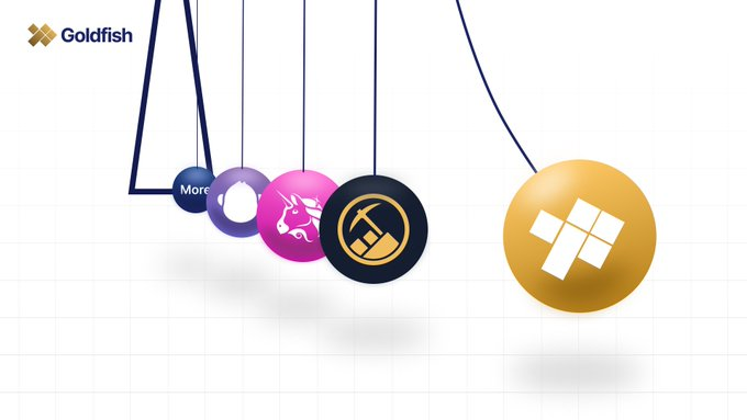 A promotional graphic for 'Goldfish' showing a Newton's cradle animation with cryptocurrency tokens including Uniswap (UNI) and a pickle coin.
