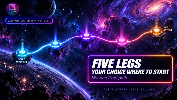 A cosmic-themed graphic titled **"FIVE LEGS – YOUR CHOICE WHERE TO START"** with the tagline *"Not one fixed path"* and *"ONE PLATFORM. FIVE PILLARS."* It shows five glowing neon checkpoints connected by an energy path across a galaxy backdrop, labeled with **"START ANYWHERE,"** **"SKIP ANY LEG. REPLAY ANY LEG,"** and **"EXIT ANYTIME,"** visually illustrating the post's message that users can enter or leave the five-stage agent pipeline (source, train, generate, review, mint) at whichever leg suits their needs.