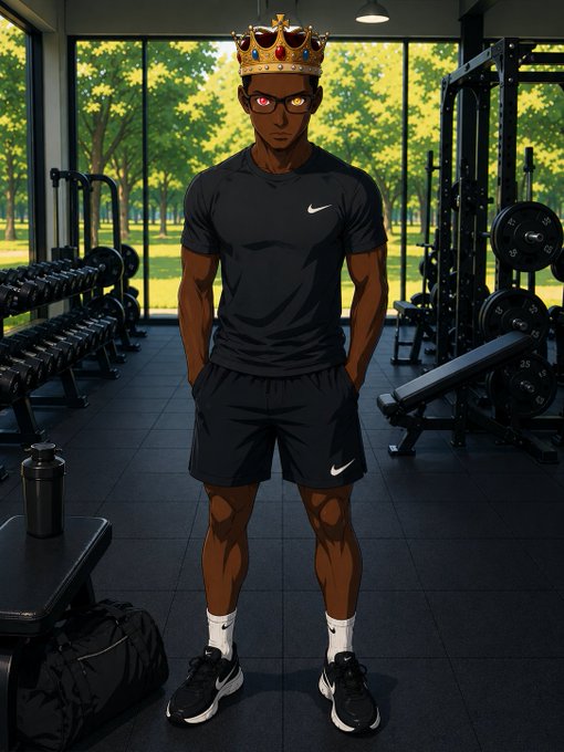 The image features a man standing in front of a gym with a black bag next to him. The man has a crown on his head, giving him an air of importance or authority. He appears to be posing for a photo while wearing workout clothes. The background shows various exercise equipment and a window that lets in natural light, creating a bright atmosphere within the gym setting.