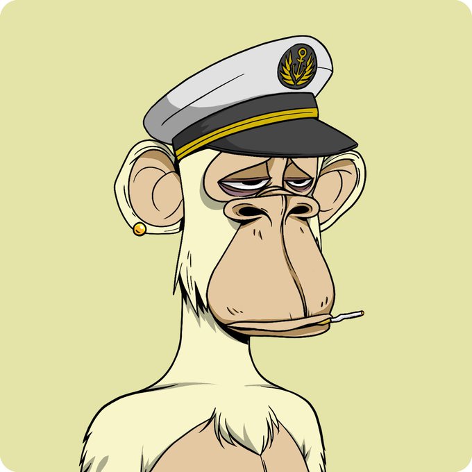 A cartoon illustration of a bored-looking white monkey wearing a white naval officer's cap with a gold emblem and holding a cigarette in its mouth.