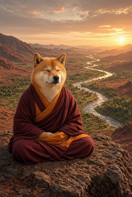 A Shiba Inu dog dressed in red and orange monk robes meditates peacefully on a rocky cliff at sunset, overlooking a winding river in a mountainous valley.