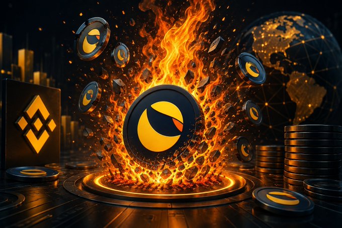 A flaming LUNA coin erupts amid a stack of Binance-branded tokens, visually representing Binance's August 1, 2026 burn that destroyed 275,649,084 LUNC (≈275.6M tokens) from circulation.