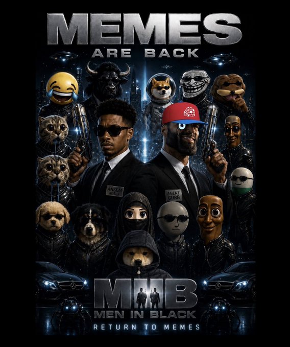 This "Men in Black: Return to Memes" poster features meme characters and cryptids like "Ansem Agent" and "Agent Curb," likely alluding to the stated $ANSEM and $CURB tokens in the accompanying post.