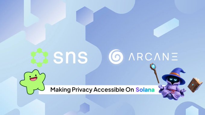 A promotional graphic with puzzle piece imagery featuring the logos for 'sns' and 'ARCANE' with the text 'Making Privacy Accessible On Solana' and cartoon characters including a green star and a wizard.